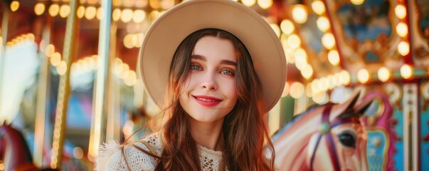 Obraz premium Smiling woman in a sun hat taking a selfie at a vibrant carousel. Free copy space for text.