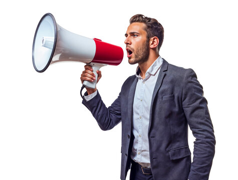 The Voice of Business:  A young businessman in a suit passionately addresses the masses, his message amplified by a powerful megaphone. 