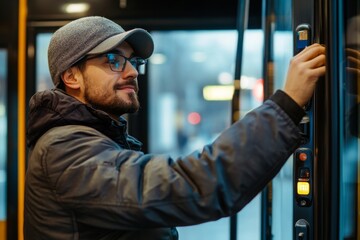 Man in a Gray Hat Entering a Bus or Train