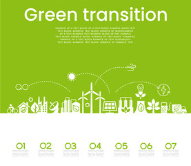 Set icons. Alternative clean energy. Transition to environmentally friendly world concept.  Ecology infographic. Green power production. Transition to renewable alternative energy.