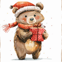 
Cute cartoon teddy bear with gift box. Christmas card. New Year. Season's Greetings. Vector illustration
