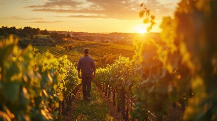 Fototapeta premium Golden Rays Bathe Vineyard as Man Walks Toward Sunset