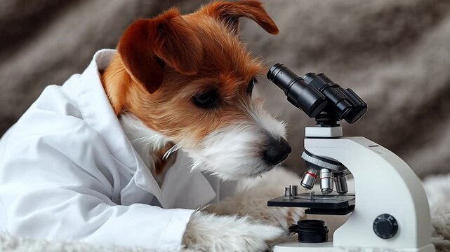 A dog is wearing a lab coat and looking through a microscope. The scene is playful and whimsical, as it is not common to see a dog dressed in a lab coat and using a microscope