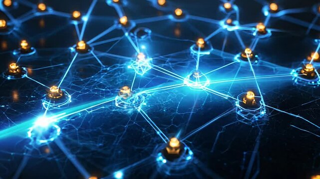 A close up of a network of lights with a blue background. The lights are connected to each other in a web-like pattern