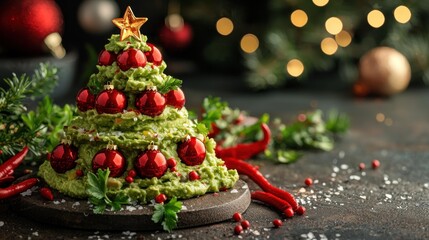 Guacamole Christmas Tree Appetizer with Festive Flair