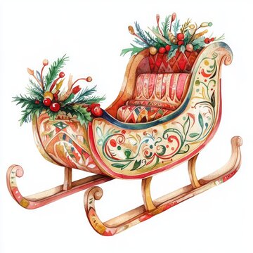 Watercolor Illustration of a Christmas Sleigh with Floral Designs.