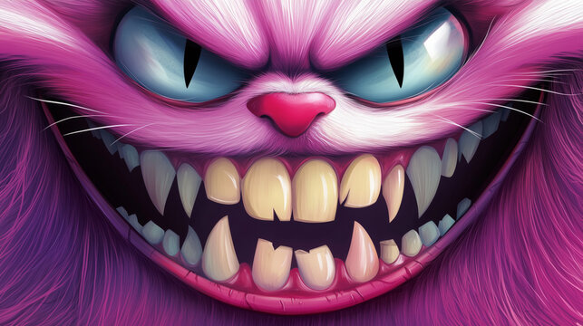 illustration of a wide, mischievous Cheshire cat smile with exaggerated, sharp teeth and a playful expression