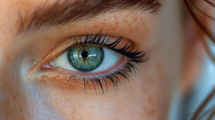 Obraz premium Close-up of a green eye with detailed eyelashes and freckles, capturing a stunning and intimate portrait.