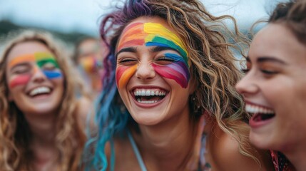 Fototapeta premium Rainbow Smiles: Three Women Celebrate Freedom and Joy