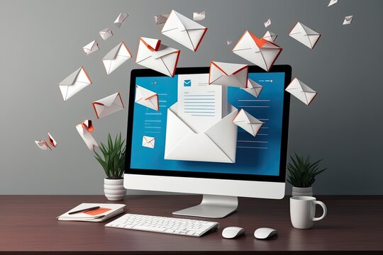Stunning 3D Visualization of a Computer Showcasing Flying Messages and Envelopes for Email Marketing