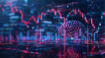 A brain is superimposed over vibrant market trend graphs and data visuals at night