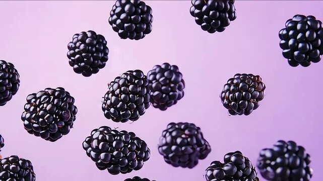 blackberries floating in the air on purple background