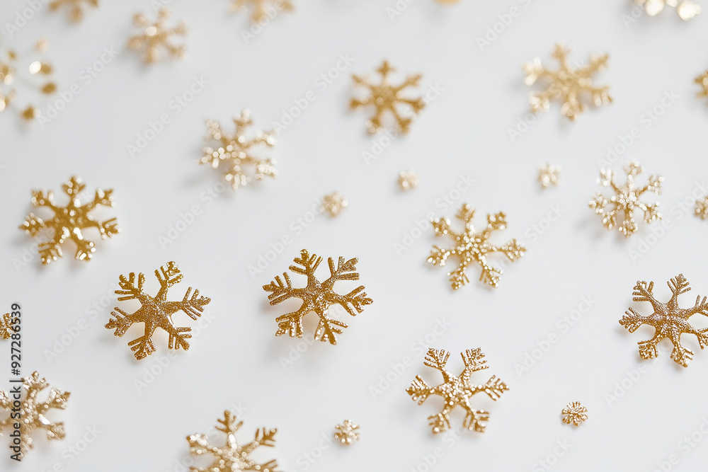 Wall mural Gold snowflakes scattered on a white background, creating a luxurious and festive winter pattern. The contrast between the gold and white adds elegance and holiday spirit to the image.