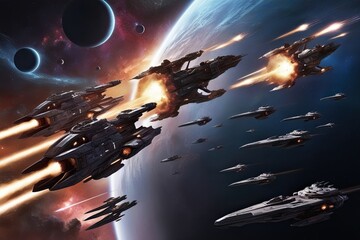 Stunning 3D Cosmic Battle Fleet Scene Showcasing Galactic Warfare and Stunning Astronomy