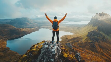 Obraz premium Triumphant Figure Conquers Scottish Highland Peak