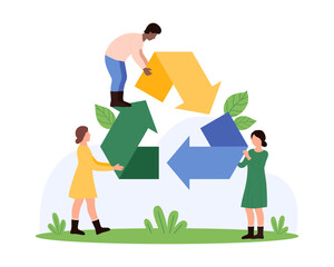 Recycle symbol of environmental protection and biodegradable waste, circulation of eco friendly materials. Tiny people holding arrows of triangle shape to reuse trash cartoon vector illustration