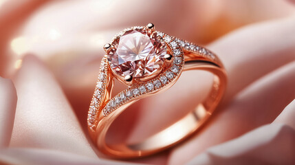 Naklejka premium rings on a silk, wedding rings on the table, photography of premium rose gold ring, luxurious ring design