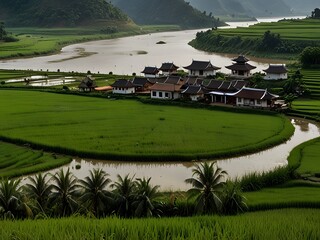 Traditional Asian Houses in Lush Green Rice Paddy Fields.