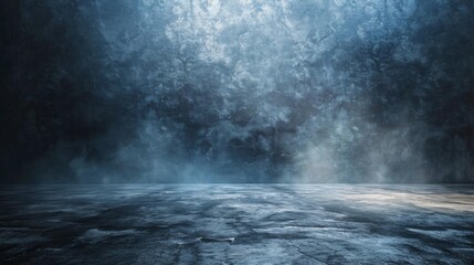 Mystical fog envelops empty space with cracked ground, creating an atmospheric scene full of depth and tranquility, ideal for backgrounds and atmospheric visuals. Copy space.
