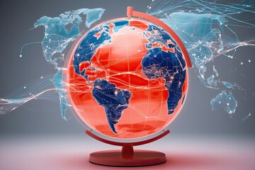 Coral Holographic Globe Showcasing World Maps and Data Flow with Innovative Communication Tools in 3D Simulations