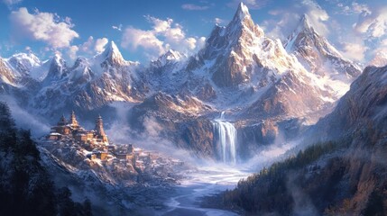 Majestic Mountain Landscape with a Waterfall and a Village