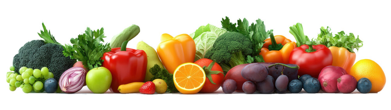 A row of fruits and vegetables including apples, oranges, grapes, broccoli