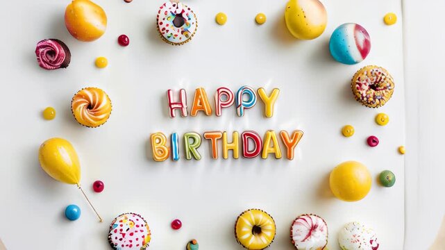 Animation, Banner with the inscription happy birthday on a white background with candies, sweets