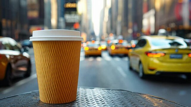 A coffee cup sits on a table in the middle of a busy city street. The scene is bustling with activity, with multiple cars and taxis driving by, and pedestrians walking on the sidewalks. The coffee cup