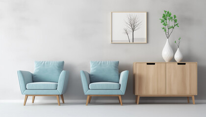 Minimalist Living Room Interior Design with Blue Armchairs and Wooden Cabinet