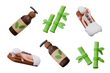 Bottle with dispenser and label with leaves, green stalks of fresh bamboo, person with hot stones