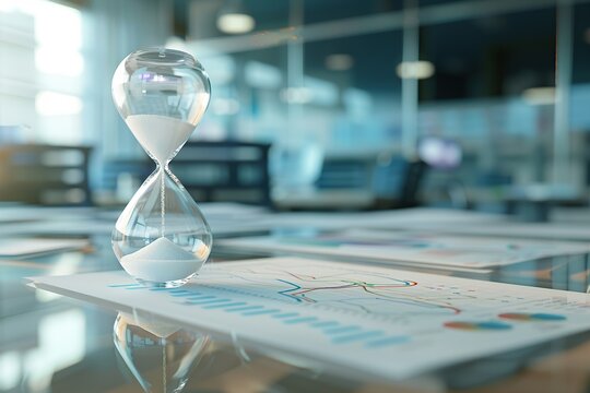 Hourglass with flowing sand on wooden business office