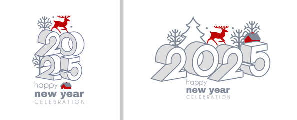 Happy New 2025 Year logo celebration and card template. Minimal design. 2025 text for header and calendar