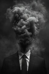A suited man stands as smoke rises, creating a surreal and mysterious effect around him