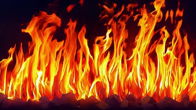 A close up of a fire with many flames. The fire is orange and the flames are very tall