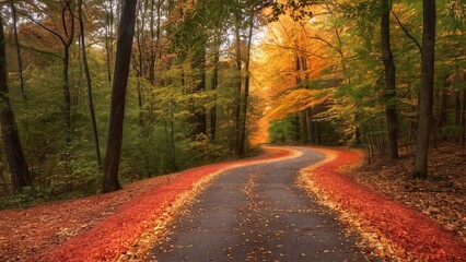 Obraz premium Autumn Path Winding Through Vibrant Woods