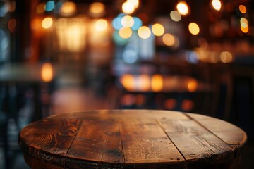 Obraz premium Wooden Table Top in a Cozy Bar Setting