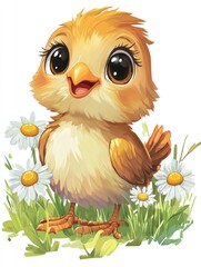 Cute baby chick cartoon with big eyes standing in grass and flowers.