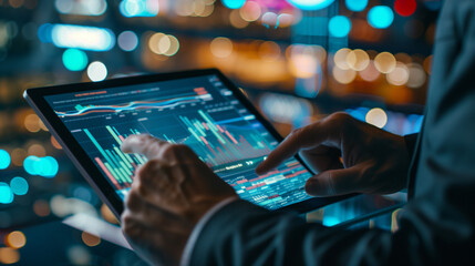 Business professionals immerse themselves in the virtual blockchain interface, with data fields surrounding their tablets