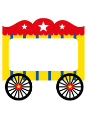 yellow circus cart with blue strips and red roof with stars, with two wheels