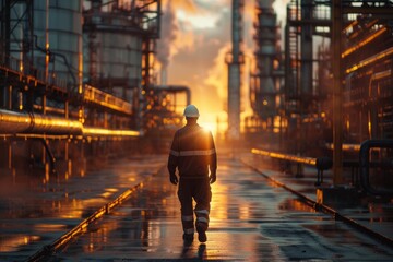 A worker strolls through the oil refinery as the sun sets, casting a warm light across the industrial landscape