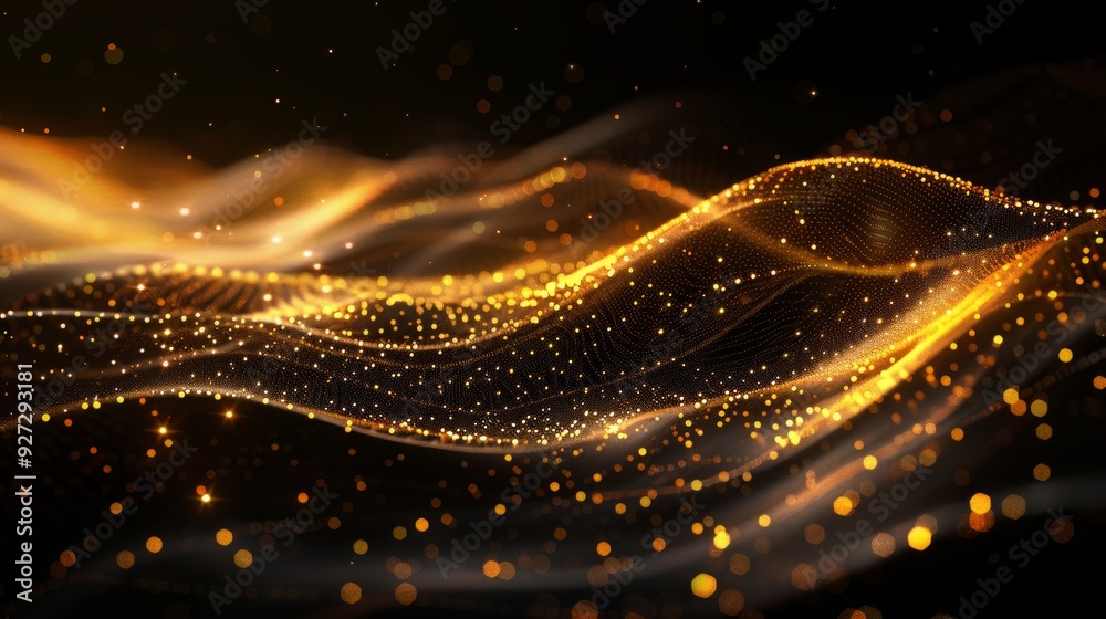 Poster golden light flows in elegant waves, illuminating the darkness with shimmering particles and creatin