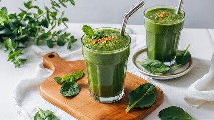 Fresh green spinach smoothie in glass with spinach leaves