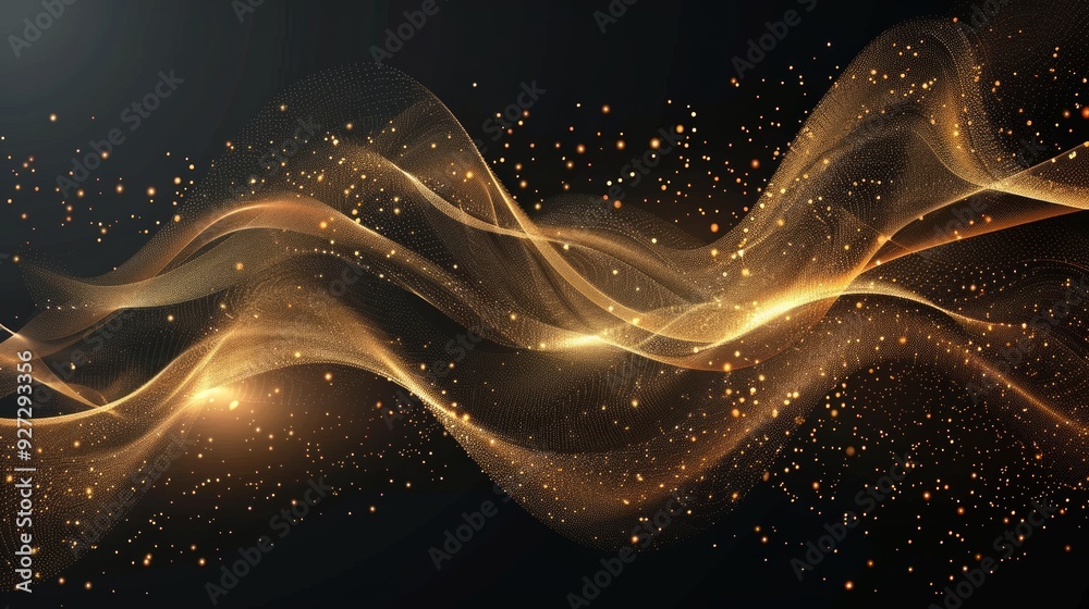 Poster golden waves with twinkling particles create an enchanting and elegant visual effect