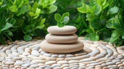 A serene arrangement of stacked stones and vibrant green leaves symbolizing balance, growth, and tranquility in nature.