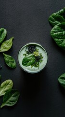 Fresh green spinach smoothie in glass with spinach leaves