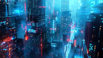 Machine learning, futuristic urban environment, holographic projections, neon blue glow