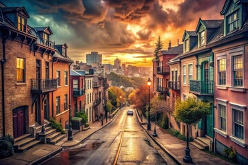 Obraz premium Nostalgic Urban Landscape: Moody, desaturated urban scenes with vintage vibes and pastel hues