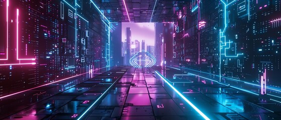 Neural network, virtual reality holograms, futuristic tech setup, dark and neon