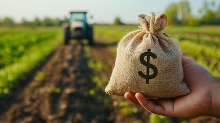 A hand holding a money bag with a dollar sign in a farm field, symbolizing farm investment.