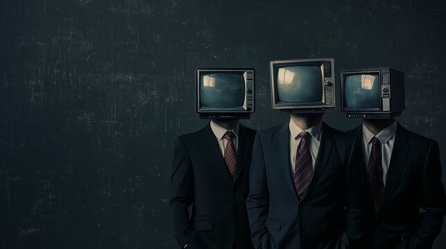 Three men with tv heads in suits symbolize brainwashing and media influence.